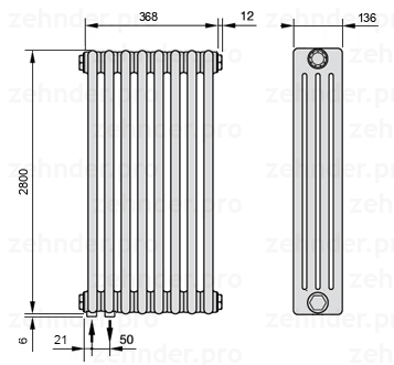 Схема (чертеж) Радиатор Zehnder Charleston 4280/8 №3370 Белый глянцевый RAL 9016